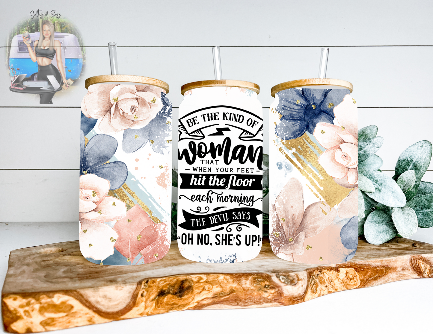 Floral Strong Woman 16oz Glass Beer Can Tumbler