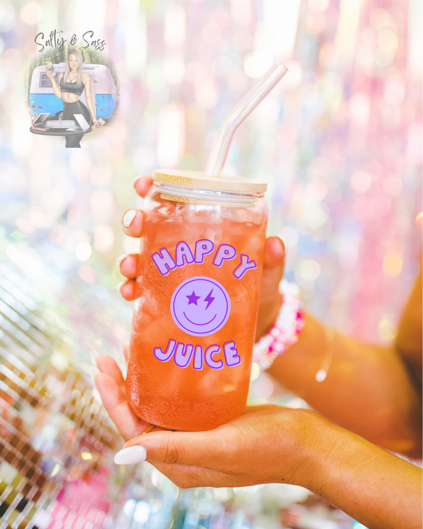 Purple  Smiley Face Happy Juice Clear or Frosted Tumber