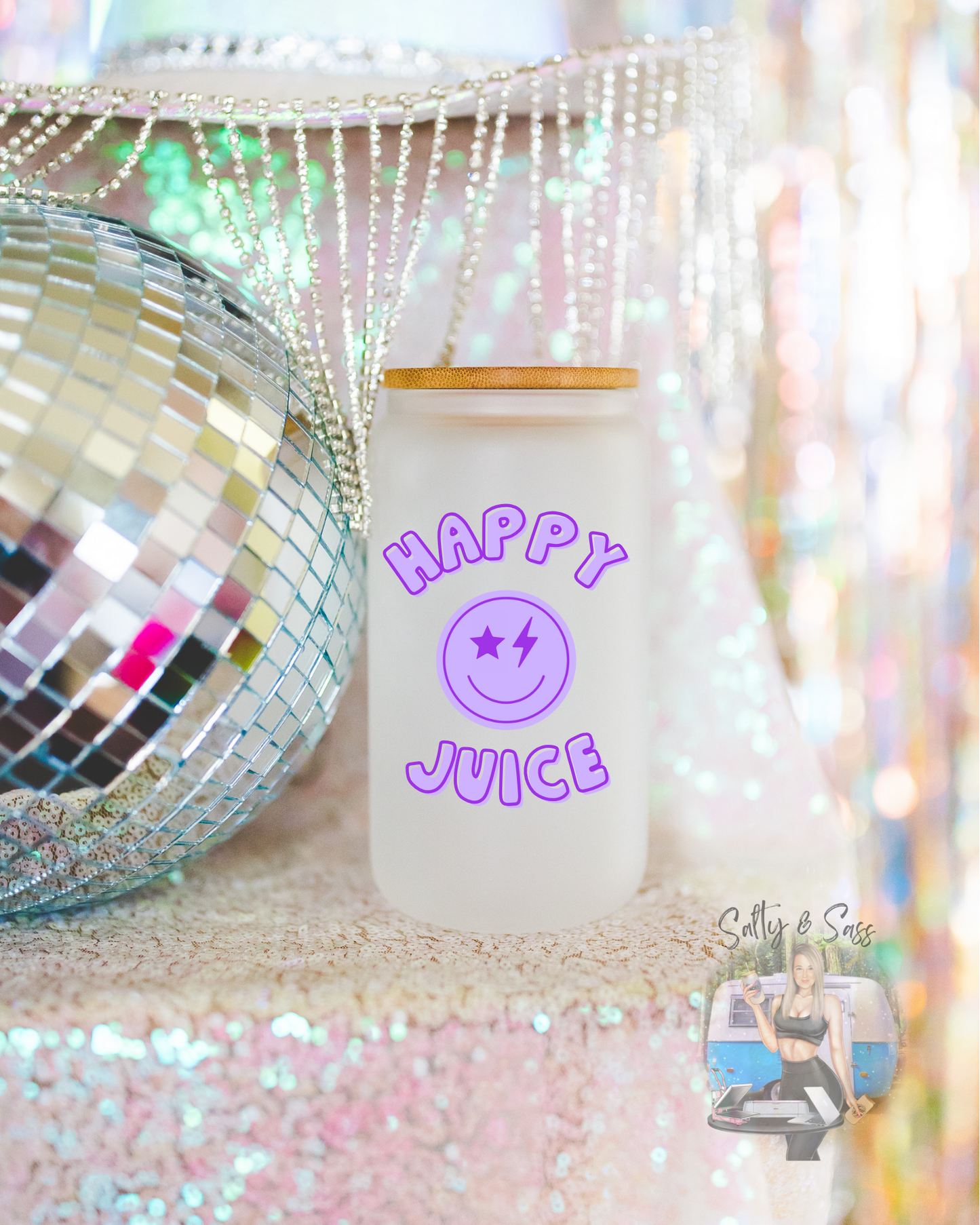 Purple  Smiley Face Happy Juice Clear or Frosted Tumber